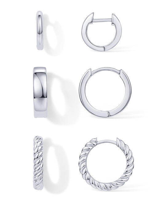 PAVOI Rhodium Plated 925 Sterling Silver Posts 4 Pairs Small Hoop Earrings for Women - Four Gold Earring Set Plain Rope Wide Huggie Hoop Earscape Pack