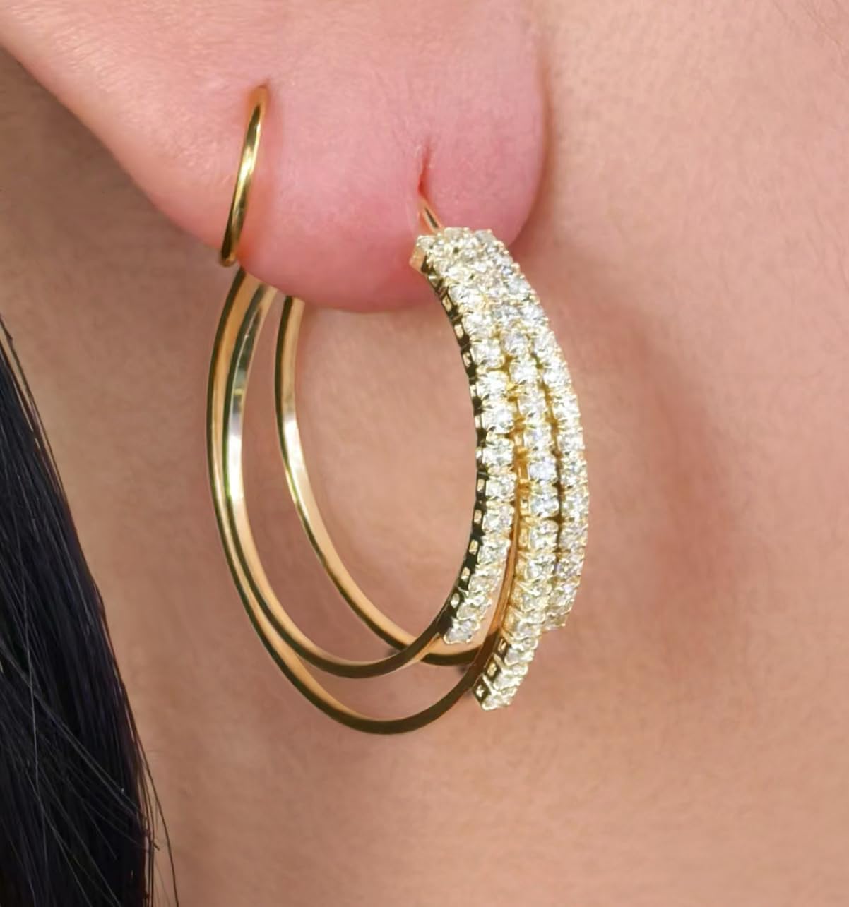 GLOQUAT 14K Gold Plated Triple Hoop Earrings for Women Trendy Triple Gold Earrings for One Hole Elegant Gold Double Hoops Earring Lightweight and Hypoallergenic Sparkly Jewelry Gifts 30mm