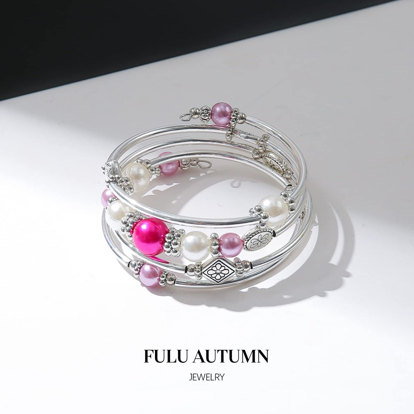 FULU AUTUMN Beaded Pearl Bangle Bracelets for Women Silver Wrap Bangles Bracelet Womens Costume Jewelry Fashion Gift(18-Hot pink)