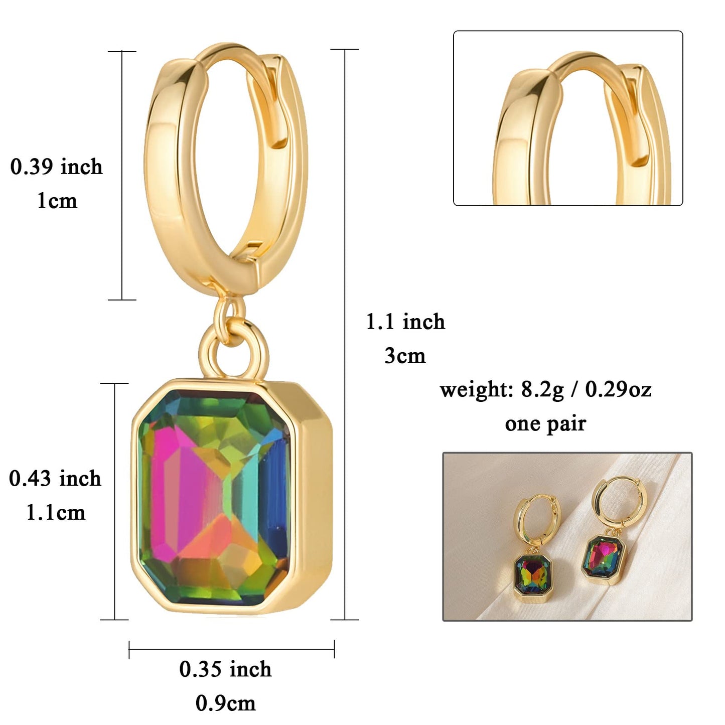 Birthstone Crystal Dangle Drop Earrings, 18K Gold Plated Huggie Hoop Hypoallergenic Earring Jewelry Gifts for Women (Vitrail Medium)