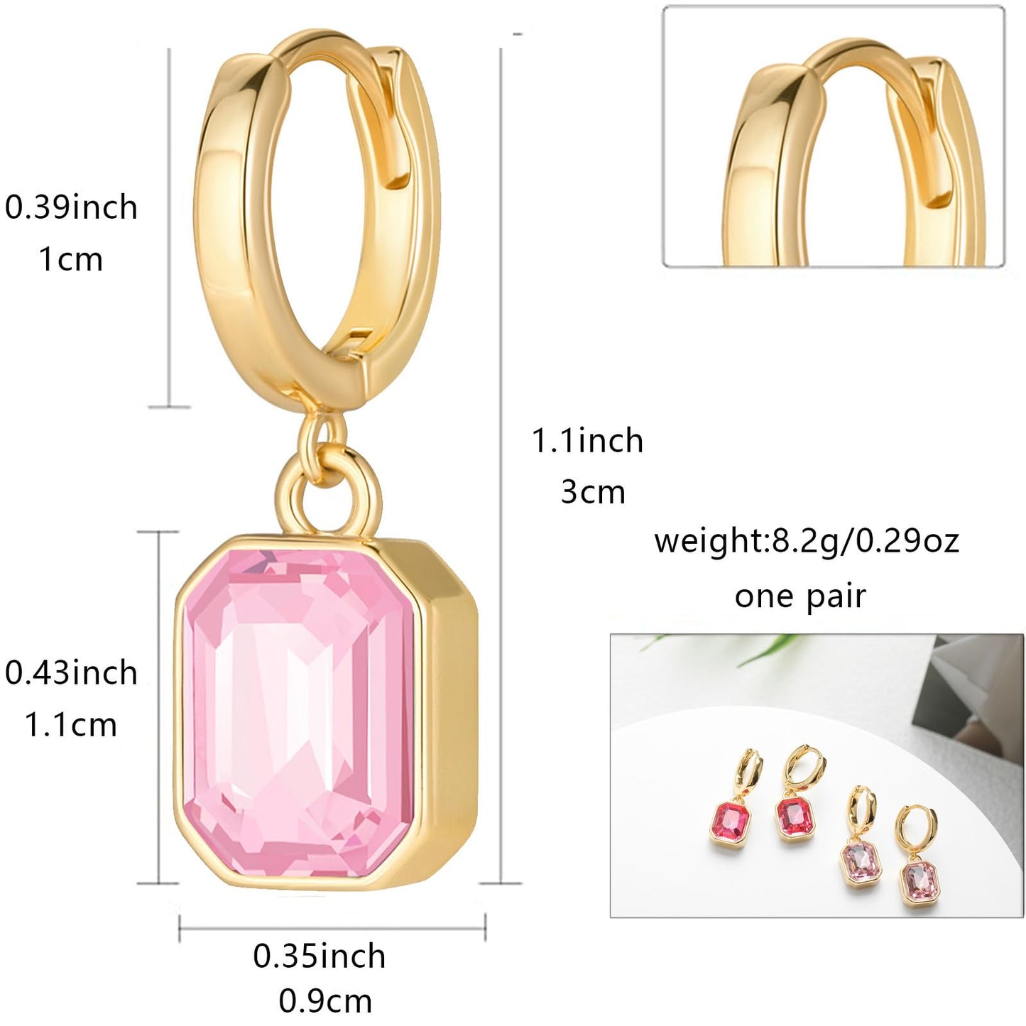 Birthstone Crystal Dangle Drop Earrings, 18K Gold Plated Huggie Hoop Hypoallergenic Earring Jewelry Gifts for Women (Pink)