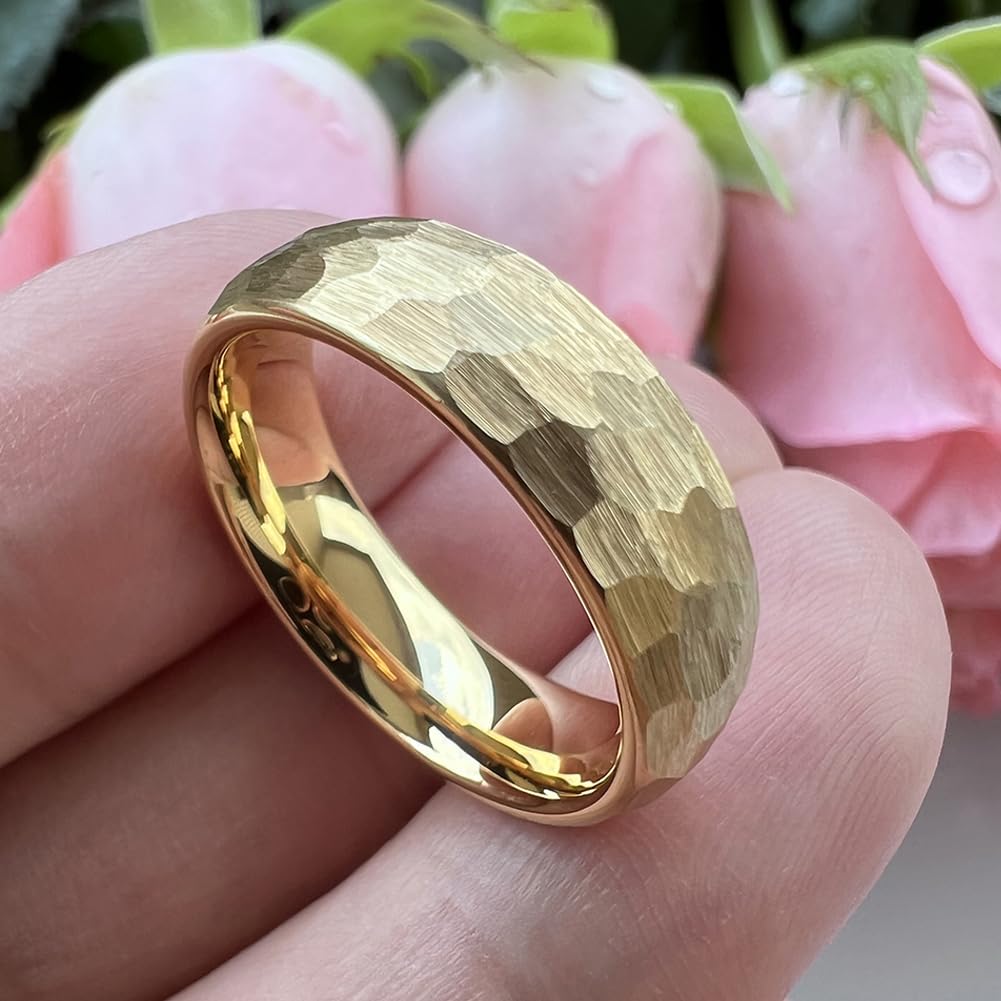 TUTISS 6mm Gold Hammered Tungsten Rings for Men Women Engagement Wedding Bands Domed I Love You Engraved Comfort Fit Size 8