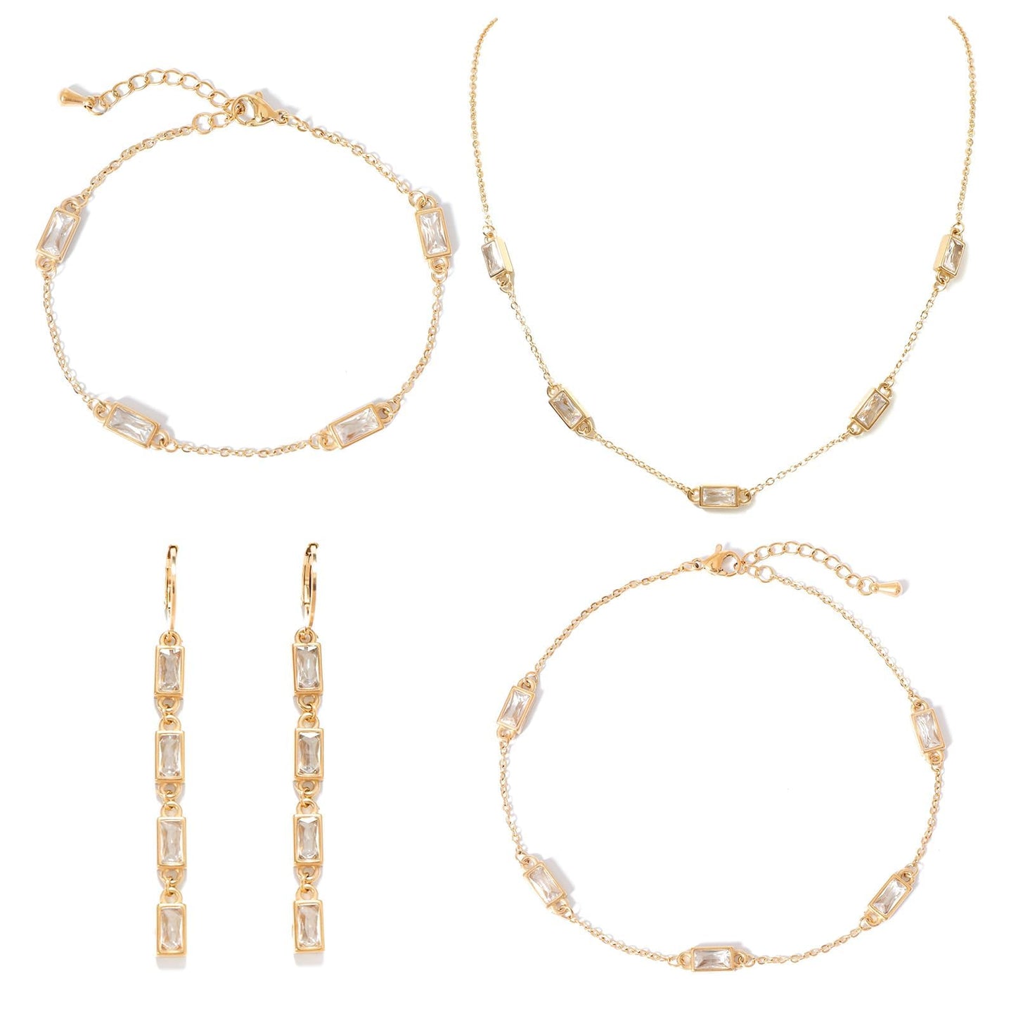 TaYolnFaSo White Emerald Cut Jewelry Set for Women Cubic Zirconia Necklace Dangle Earrings Bracelet Anklet Set CZ Birthstone Jewelry Gift for Women Wedding Prom Birthday Party