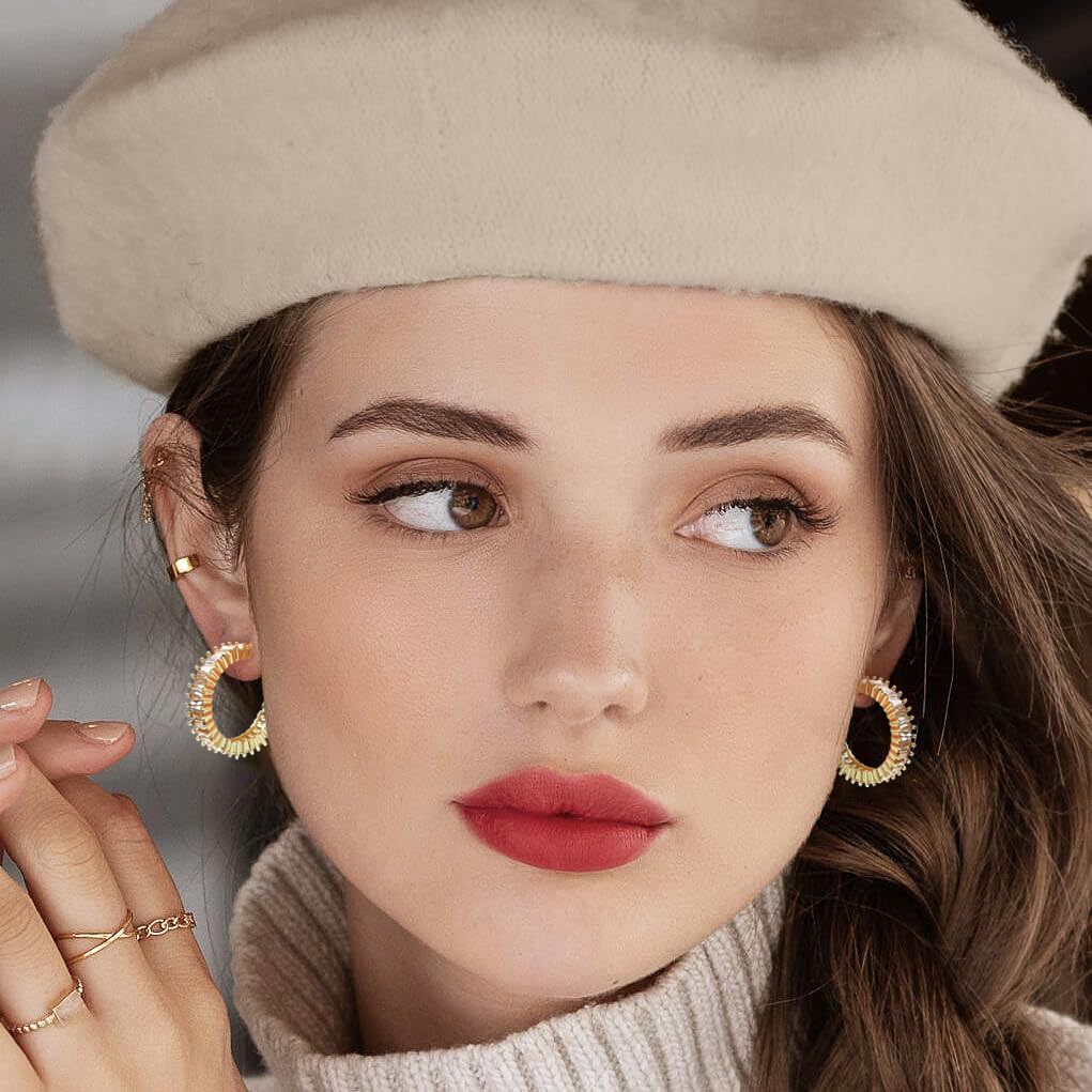 GLOQUAT Crystal Champagne Hoop Earrings 14K Gold Plated Hoops for Women 925 Sterling Silver Post Vintage Baguette Cubic Zirconia Earrings Trendy Gold Round Circle Yellow Hoops for Women Jewelry 25mm