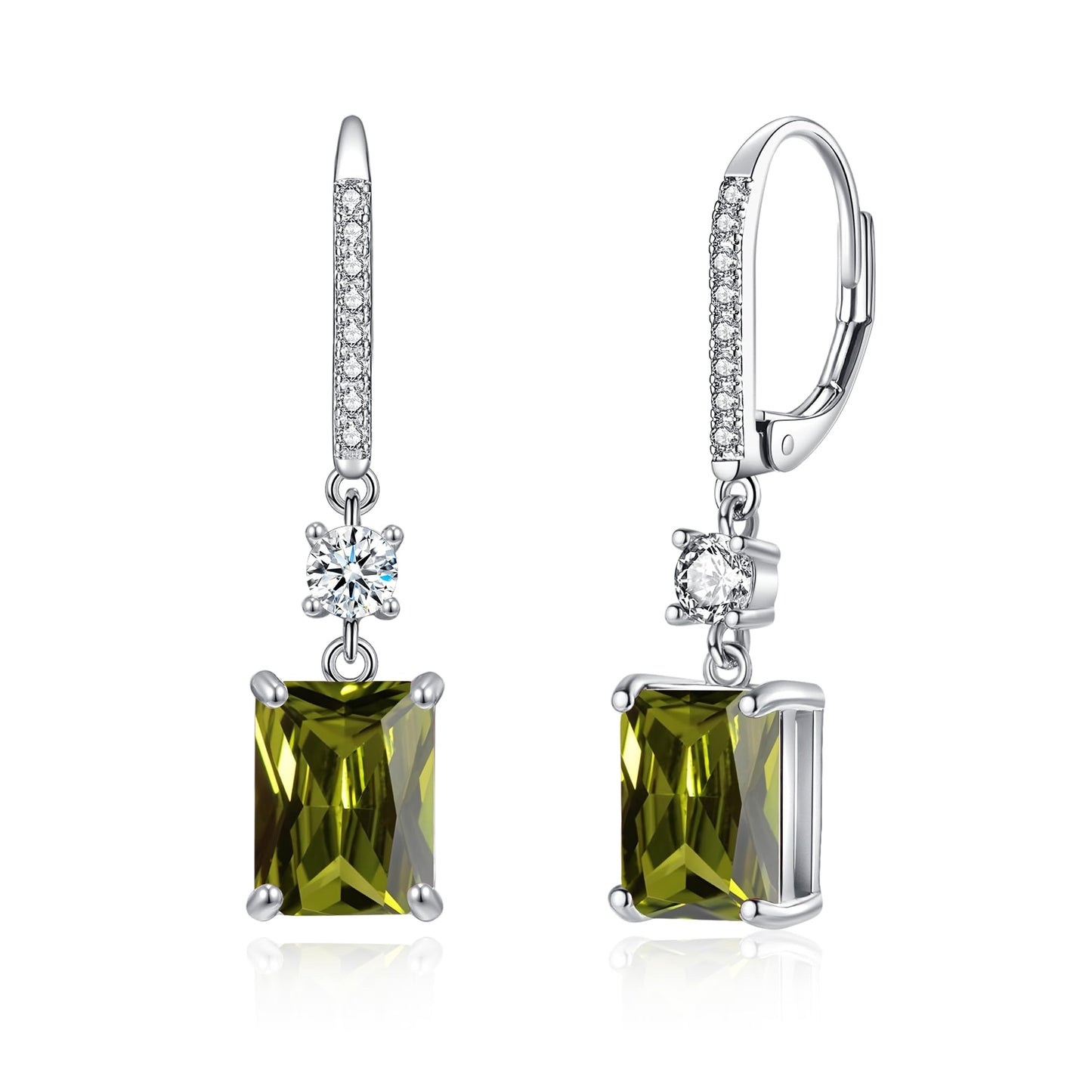 CiNily Leverback Earrings for Women Rectangular-cut Drop Dangle Earring Hypoallergenic, 14K White Gold Plated Olive Green Cubic Zircon Earrings Diamond Dangle Ear Rings Jewelry Birthday