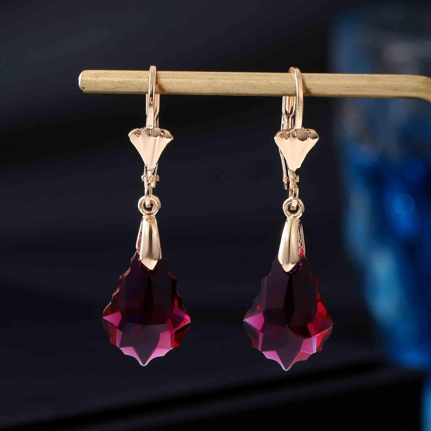 Austrian Crystal Baroque Drop Leverback Earrings for Women Fashion 14K Gold Plated Hypoallergenic Jewelry (Fuchsia)