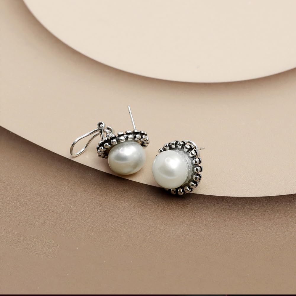 LeCalla 925 Sterling Silver Omega Earrings Classic Cultured Freshwater Pearl Earrings Omega Back Stud Earring for Women - 15MM