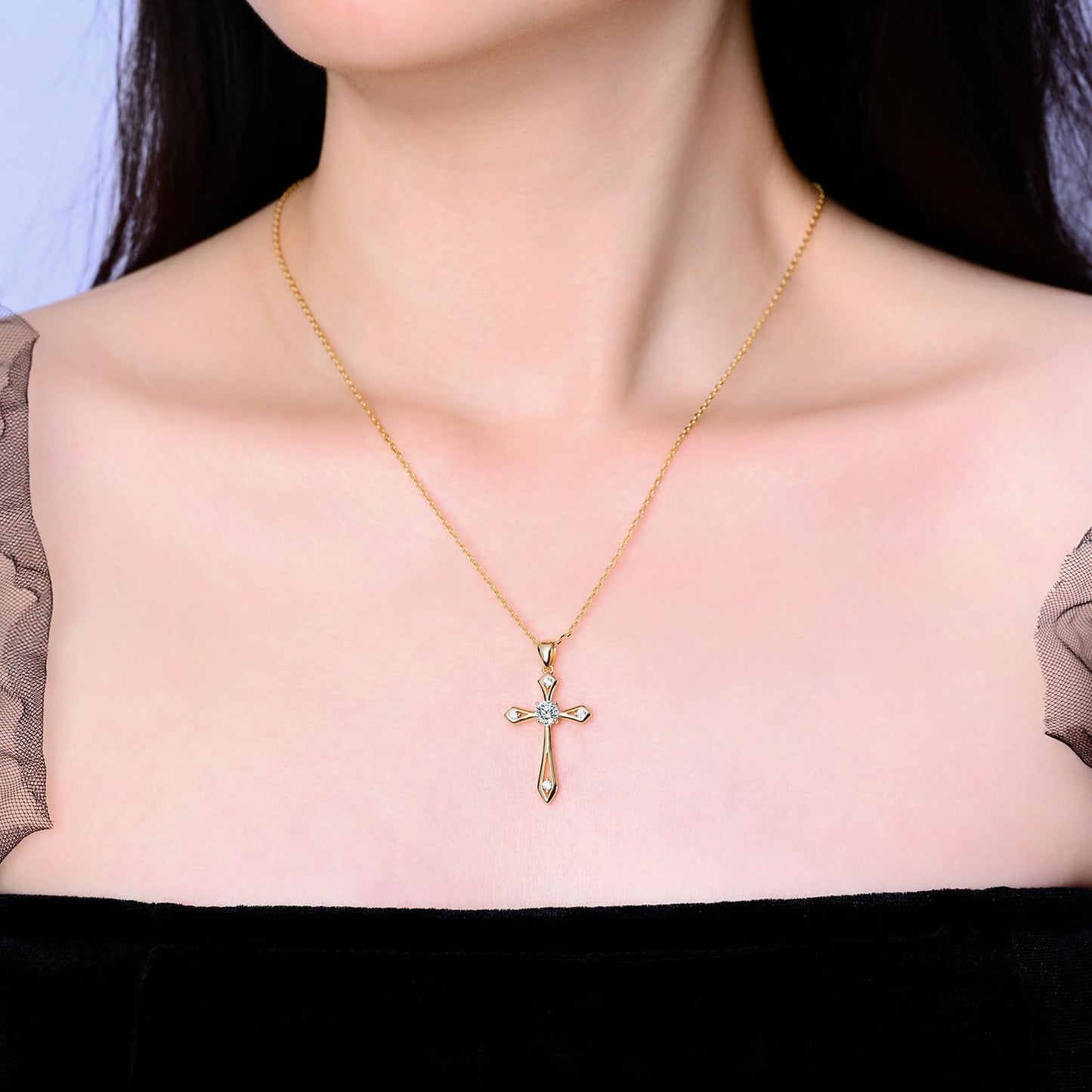 14K Gold Plated Solid Cross Necklace for Women,925 Sterling Silver Ladies Faith Cross Birthstone Pendant Christian Religious Confirmation Baptism Everyday Jewelry Anniversary Birthday Gifts for Her