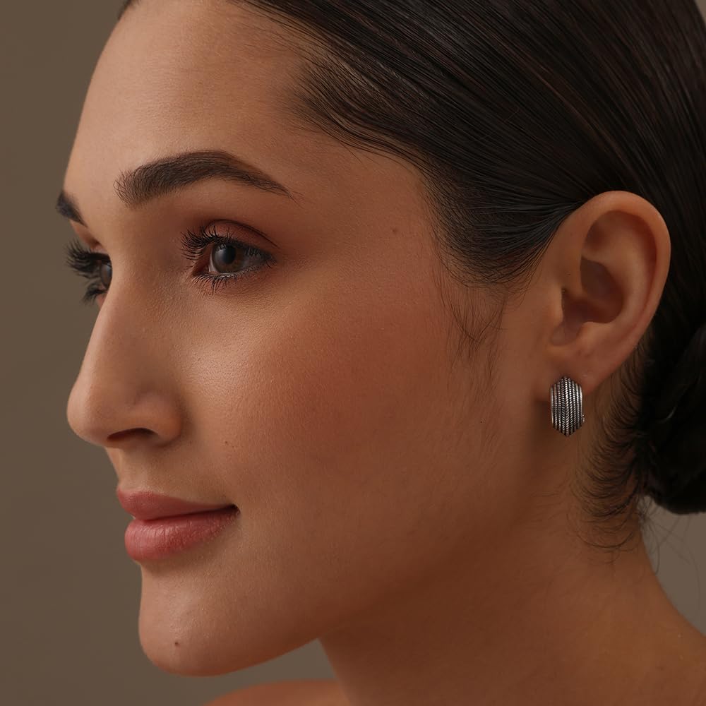 LeCalla 925 Sterling Silver Omega Back Earrings | Antique Crossover Textured Curve Statement Omega Back Clip-On Large Stud Earrings for Women 17MM