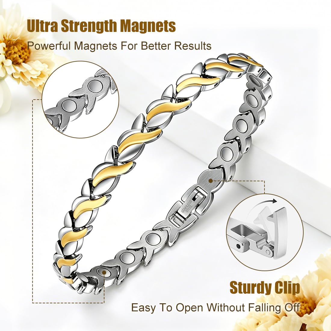Vicmag Magnetic Bracelet for Women, Titanium Steel Bracelet with Ultra Strength Magnets, Waterproof & Adjustable, Jewelry Gift with Sizing Tool(Silver Gold Fishtail)
