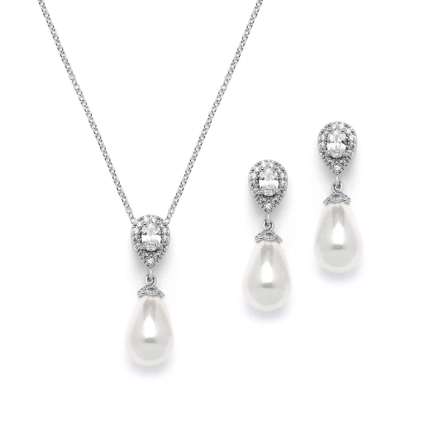 Mariell Pearl Drop Bridal Necklace and Earrings Set with CZ Crystals for Brides, Wedding, Birthday Gift