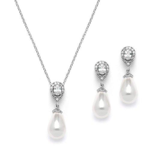 Mariell Pearl Drop Bridal Necklace and Earrings Set with CZ Crystals for Brides, Wedding, Birthday Gift