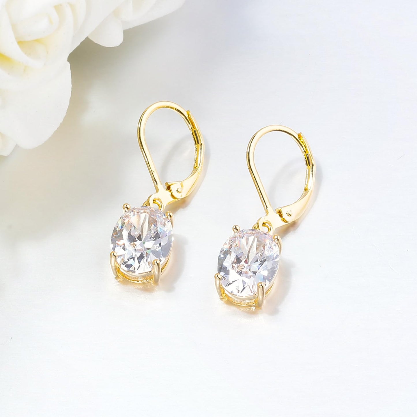 CiNily Cut-Oval Leverback Dangle Earrings for Women White Cubic Zircon 14k Gold Plated Hypoallergenic Hanging Earrings Lightweight Drop Earrings Jewelry