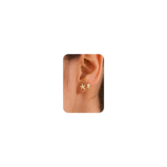 Plenky Gold Earrings for Women - 2 Pairs 14K Gold Plated Small Starfish and Sea Turtle Stud Earrings Set Beachy Jewelry for Women Gifts