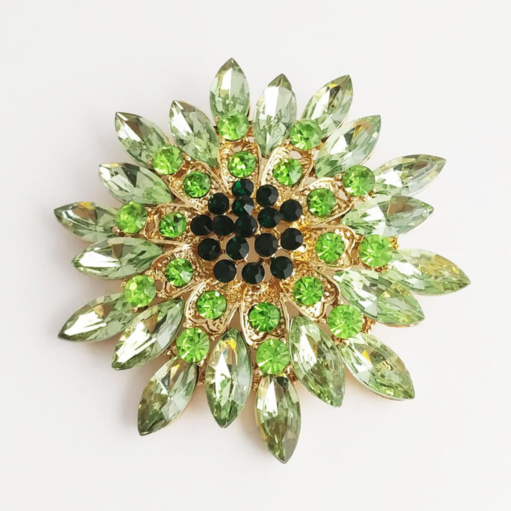 Rhinestone Large Flower Brooches Pins for Women Fashion Sparkly Crystal Sunflower Statement Brooch Wedding Party Suit Dress Formal Jewelry Accessories (Green)