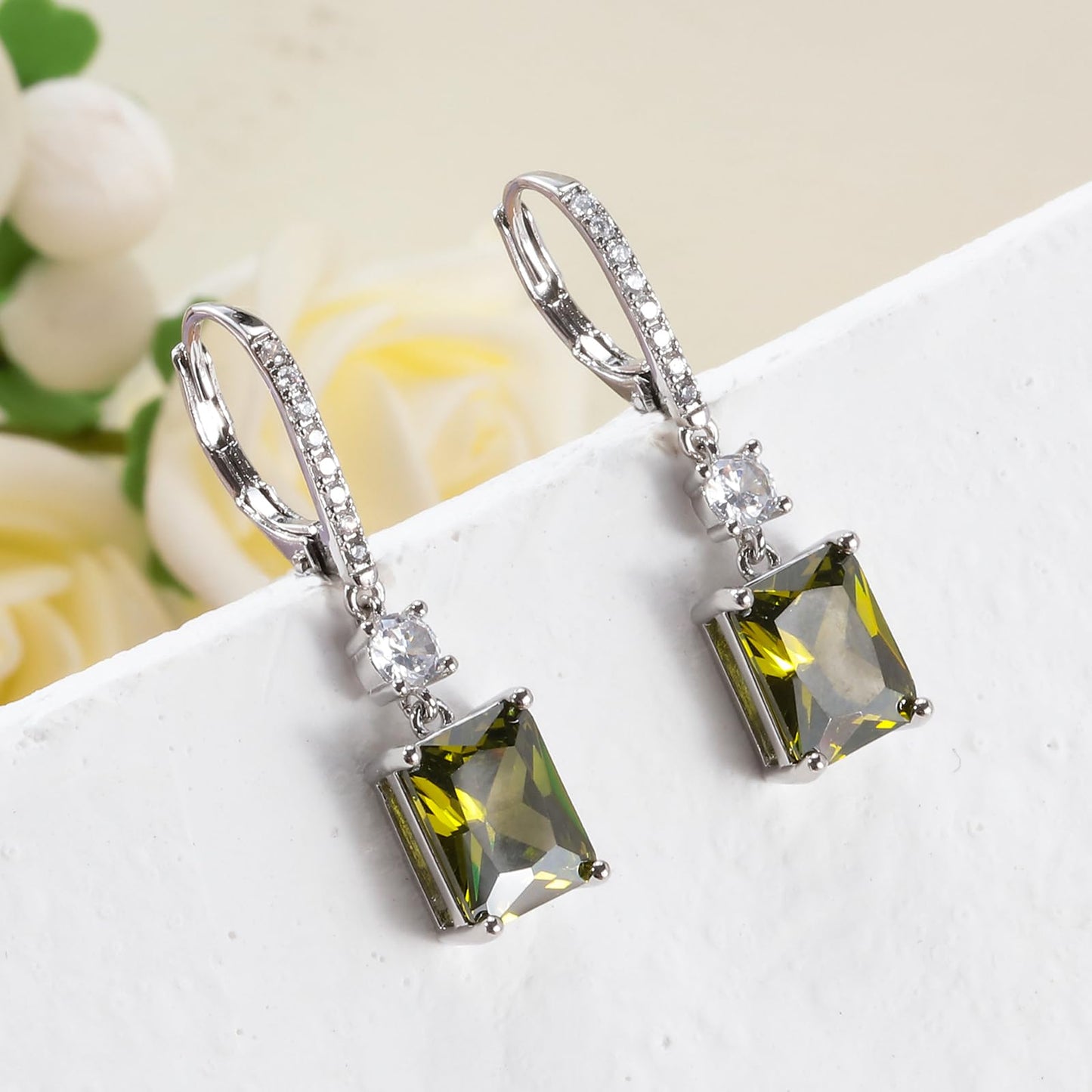 CiNily Leverback Earrings for Women Rectangular-cut Drop Dangle Earring Hypoallergenic, 14K White Gold Plated Olive Green Cubic Zircon Earrings Diamond Dangle Ear Rings Jewelry Birthday