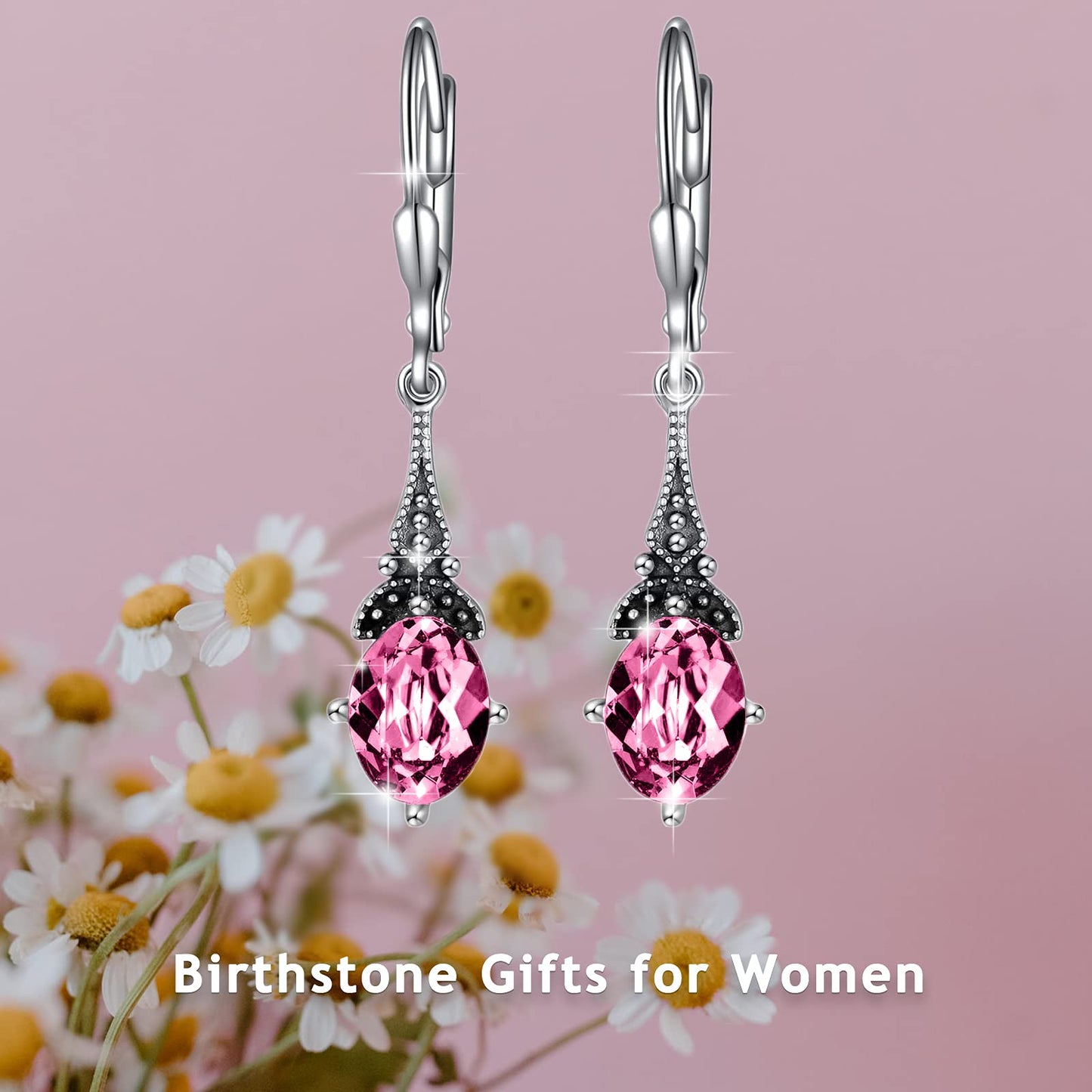 Pink October Birthstone Vintage Leverback Earrings Sterling Silver Retro Drop Dangle with Crystal, Birthday Jewelry Gifts for Women