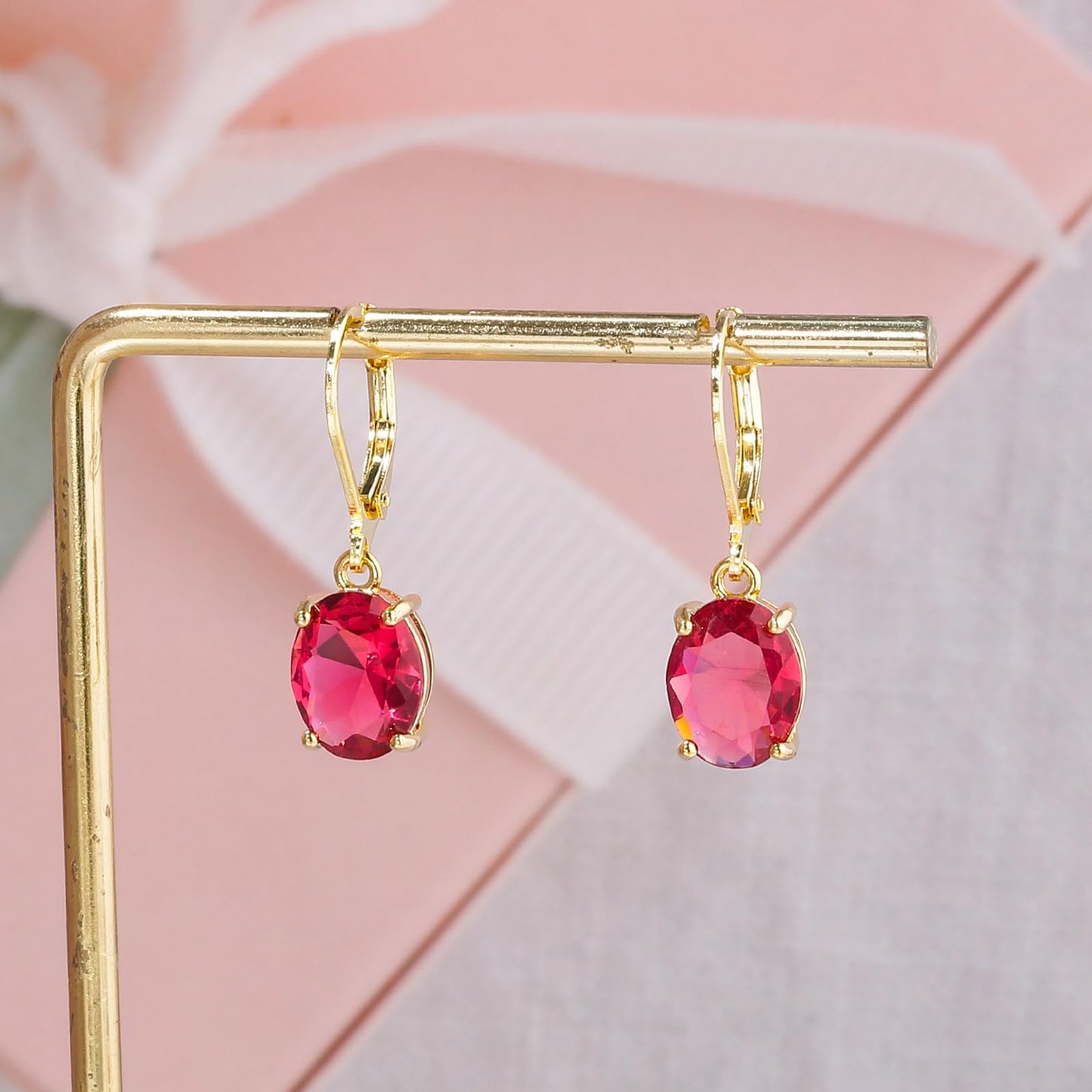 CiNily Cut-Oval Leverback Dangle Earrings for Women Red Cubic Zircon 14K Gold Plated Hypoallergenic Hanging Earrings Lightweight Summer Drop Earrings Party Wedding Birthday Gifts