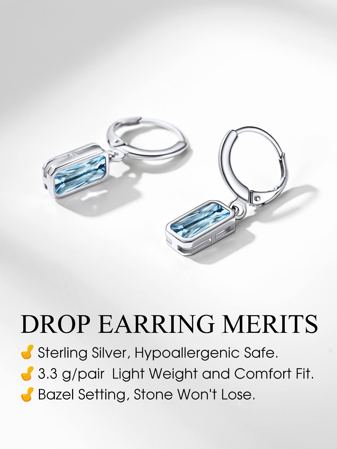 Bestyle Silver March Birthstone Hoop Dangle Earrings - Created Rectangle Aquamarine Crystal Drop Blue Earrings - Trendy Cute Women's Small Hoop CZ Dangle Earrings for Party Gowns