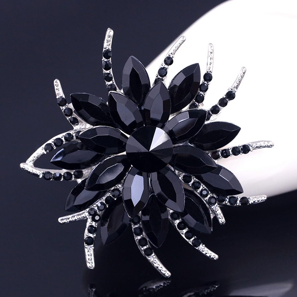 Rhinestone Large Flower Brooches Pins for Women Fashion Sparkly Crystal Sunflower Statement Brooch Unique Wedding Party Suit Dress Jewelry Accessories (Black2)