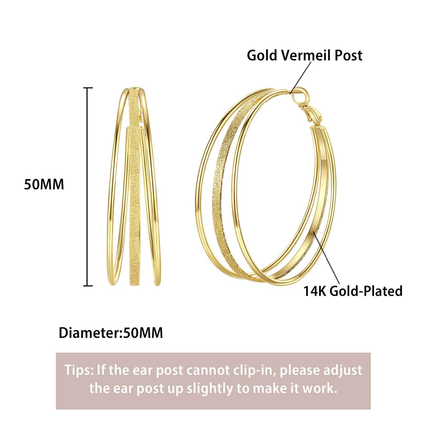 GLOQUAT 14K Gold Plated Large Hoop Earrings for Women Fashion Big Gold Triple Hoops Earrings for One Ear Hole Lightweight and Hypoallergenic Chunky Chic Earring Jewelry Gifts 50mm