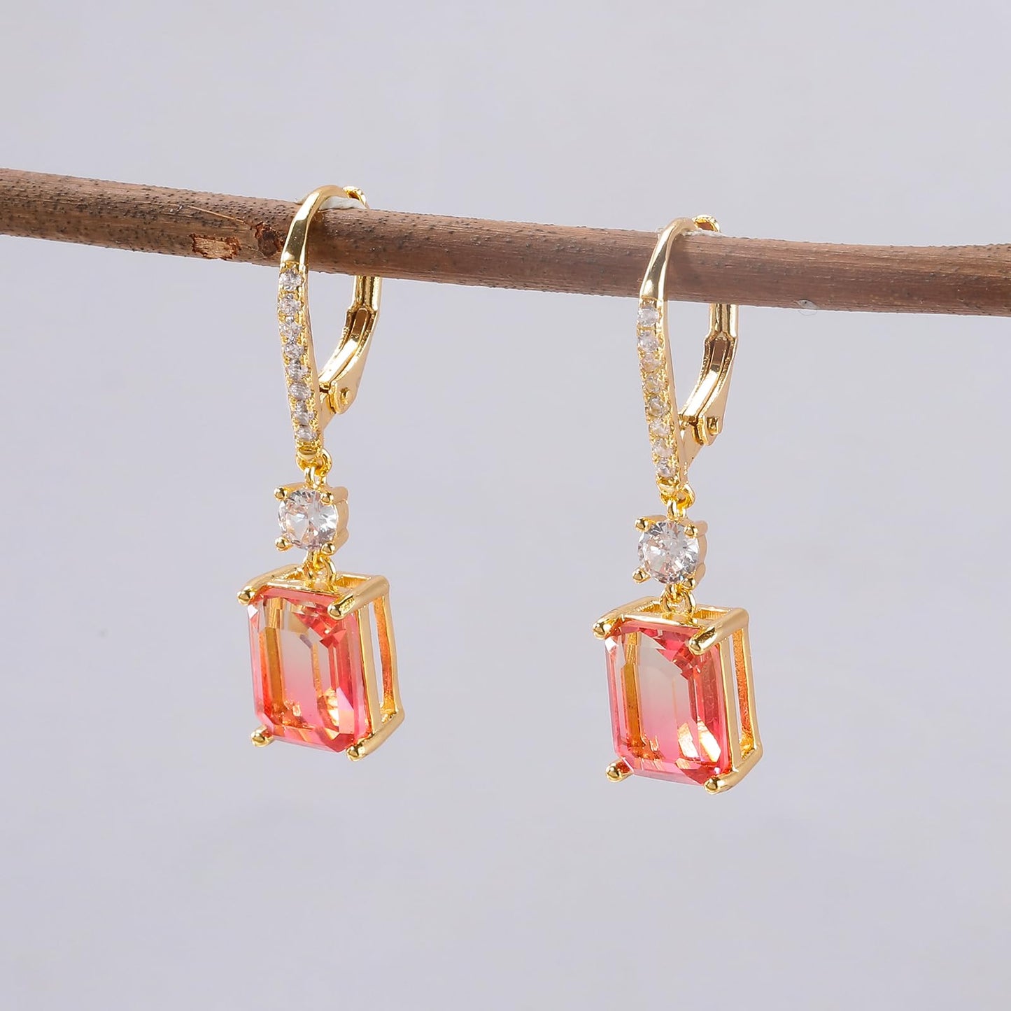 CiNily Leverback Earrings for Women Rectangular-cut Drop Dangle Earring Hypoallergenic, 14K Gold Plated Red Yellow Gradient Cubic Zircon Earrings Diamond Dangle Ear Rings Jewelry Birthday