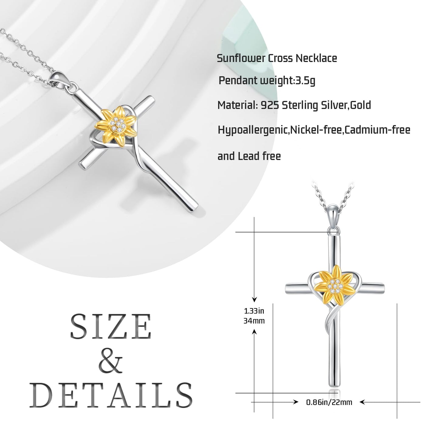 Eetaitai Sunflower Necklace for Women Sterling Silver Cross Necklace Sunflower Jewelry Religious Necklace for Women Mothers Day Gifts for Mom Wife Sister