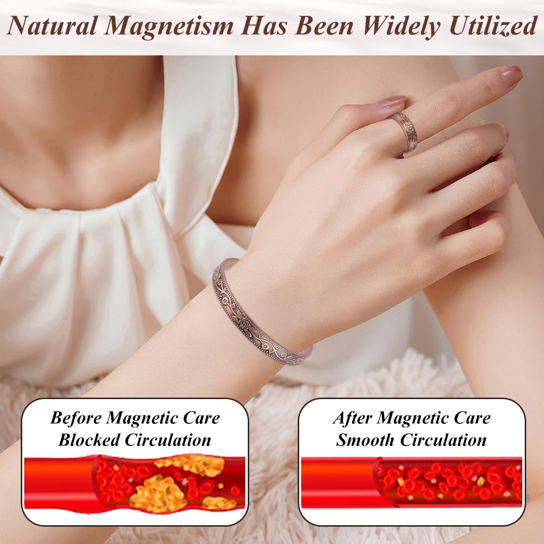 Vicmag Copper Magnetic Bracelet for Women and Men Ultra Strength Magnets 99.9% Pure Copper Strong Magnets Jewelry Gift Adjustable Length(Flower)