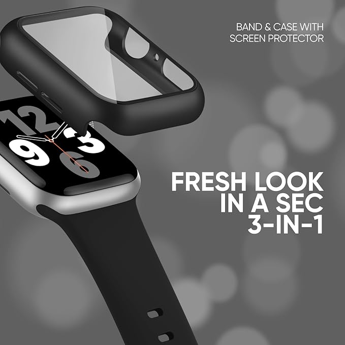 Compatible for Apple Watch Band 40mm 41mm and Case with Screen Protector, Soft Silicone Sport Strap Bands and Protective Cover with Tempered Glass for iWatch Series 9 8 7 SE 6 5 4