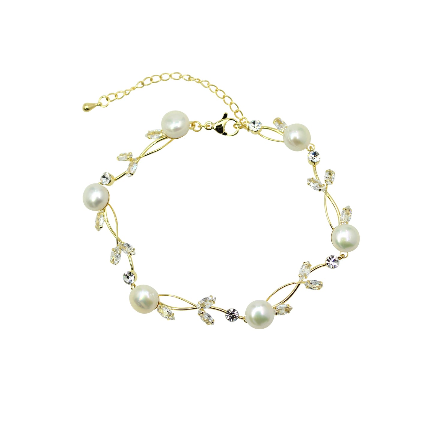 Faship Clear CZ Crystal Genuine Freshwater Pearls Floral Bracelet 7.5" - 9.5" - Clear/Gold-Plated/Matching Bracelet