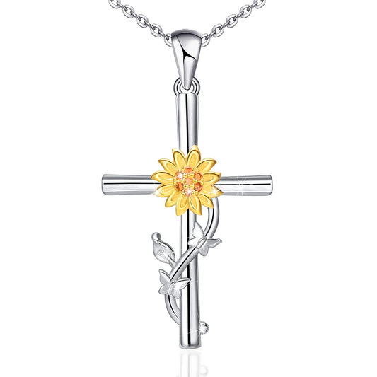 Distance Cross Necklace for Women 925 Sterling Silver Double Butterfly and Sunflower Pendant Necklace for Mom Wife Gift for Mother's Day or Birthday