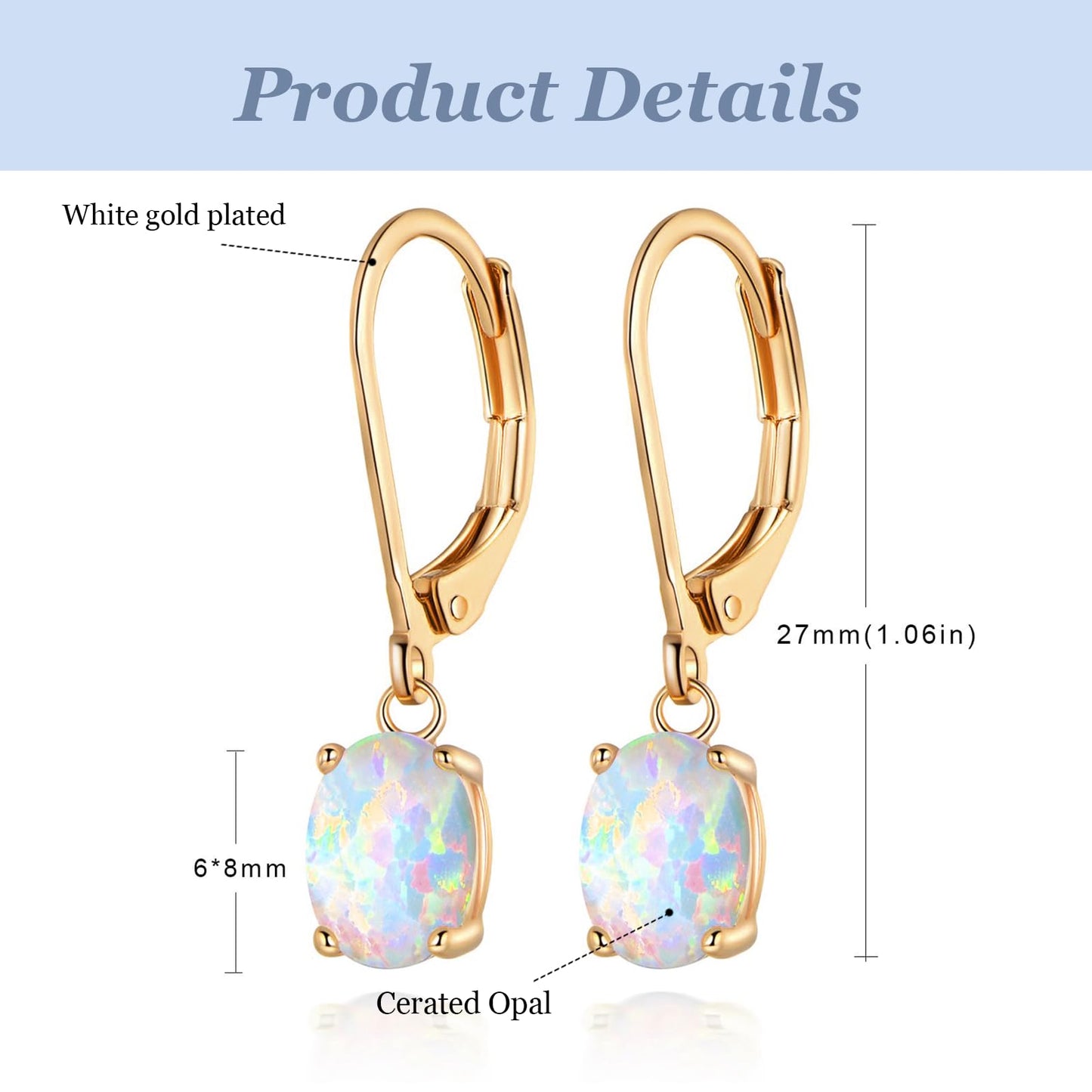 Gemsme Opal Dangle Earrings,18K Yellow Gold Plated Gemstone Opal Leverback Earrings for Women Hypopallergenic Jewelry