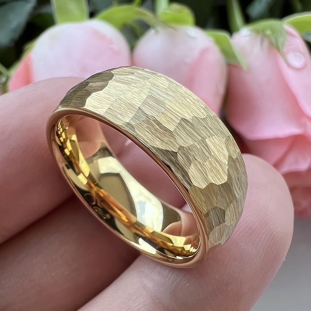 TUTISS 8mm Gold Hammered Tungsten Rings for Men Women Engagement Wedding Bands Domed I Love You Engraved Comfort Fit Size 6