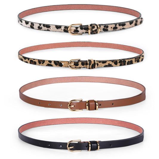 JASGOOD Women Black Skinny Leather Belt for Jeans Pants Fashion Thin PU Leather Waist Belt for Ladies Set of 4(Black+Brown+Leopard,Best for Waist Size 30-36 Inch)