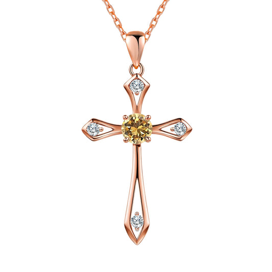 QUALISE Cross Necklace for Women,925 Sterling Silver Birthstone Necklace,Citrine-November Birthstone Cross Necklace,Faith Religious Fine Jewelry Valentines Day Gifts Birthday Holiday Gifts for Her,