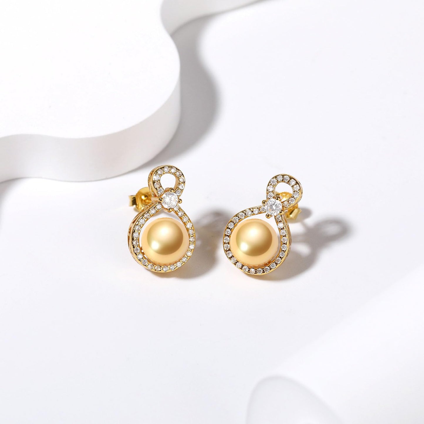 BAMIKI Golden Pearl Earrings for Women, S925 Sterling Silver 14K Gold Plated Infinity Stud Earrings, 8-8.5mm Round Saltwater Cultured Pearls, Hypoallergenicity Jewelry Gifts for Mother Wife Bridal