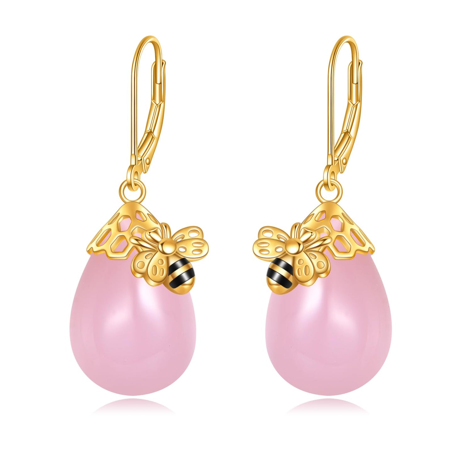 TIGERRIDER Pink Bee 925 Sterling Silver French Clasp Earrings Rose quartz Pendant Jewelry Gift for Women