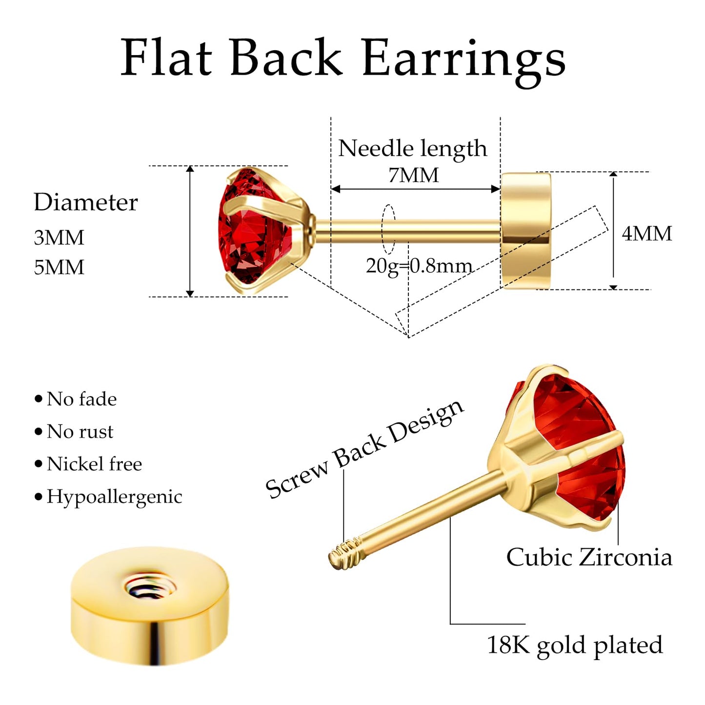 Mothers Day Gifts Red Stud Earrings for Women, Red Earrings as Flat Back Stud Earrings for Women, 18k Gold Hypoallergenic Earrings Birthday Gifts