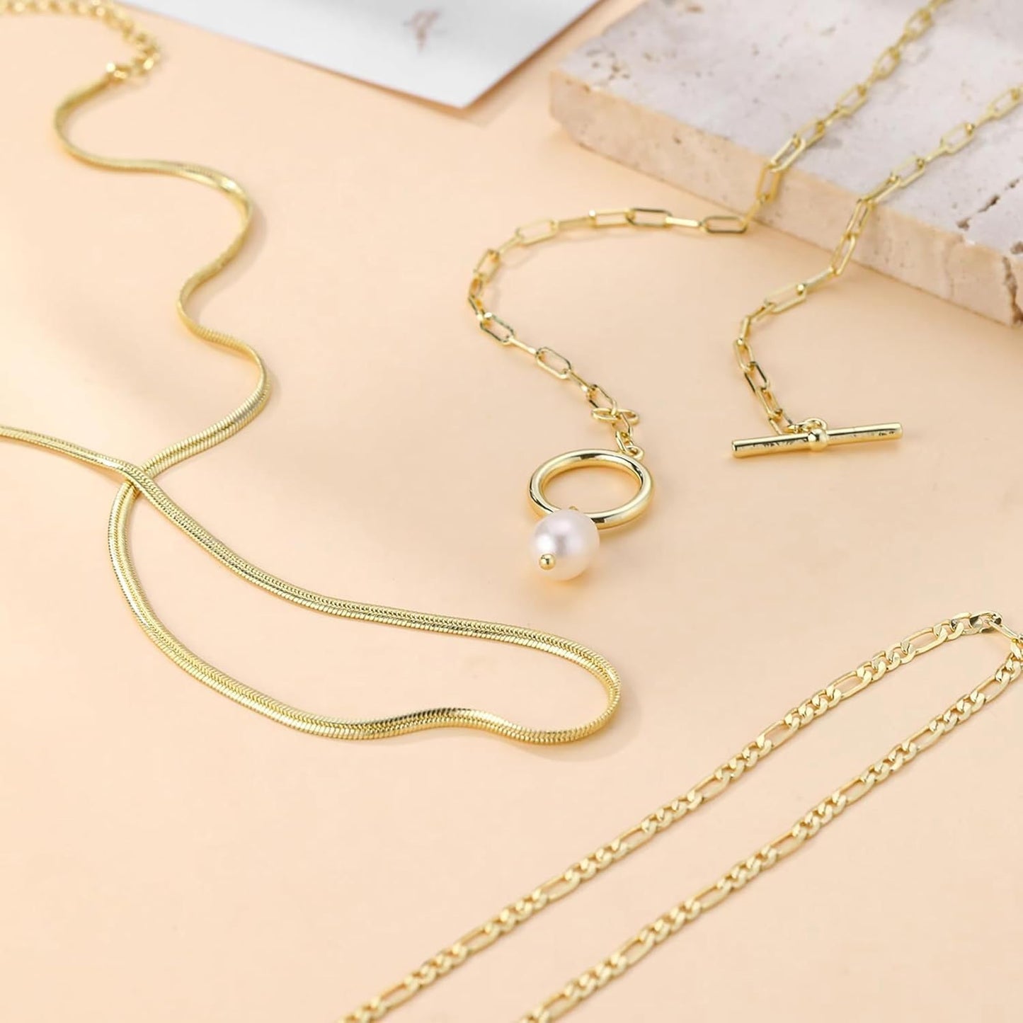 Hclian Gold Layered Necklaces for Women,3Pcs Dainty 14k Gold Plated Stackable Choker Necklaces for Women,Trendy Layering Pearl Chain Paperclip Pendant Jewelry Set Gifts