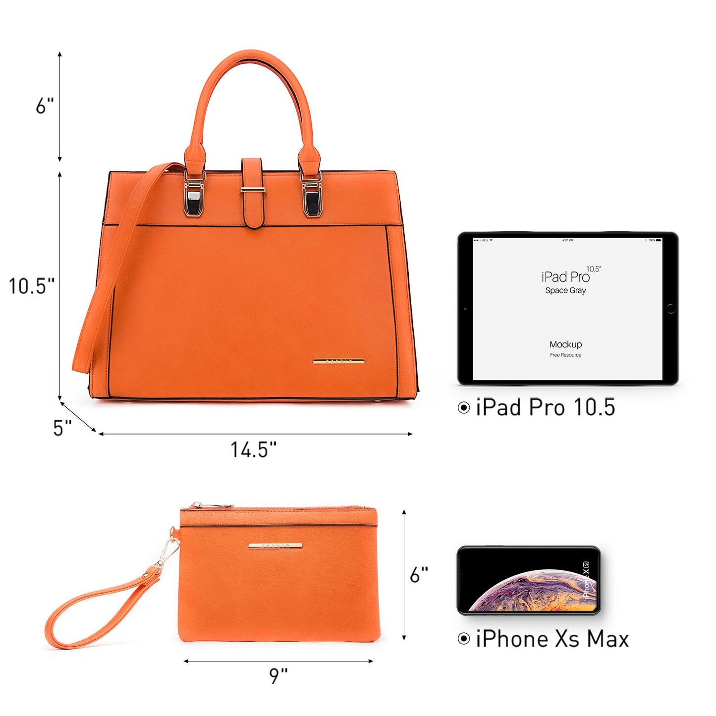 Women's Handbag Flap-over Belt Shoulder Bag Top Handle Tote Satchel Purse Work Bag w/Matching Wristlet (Orange)