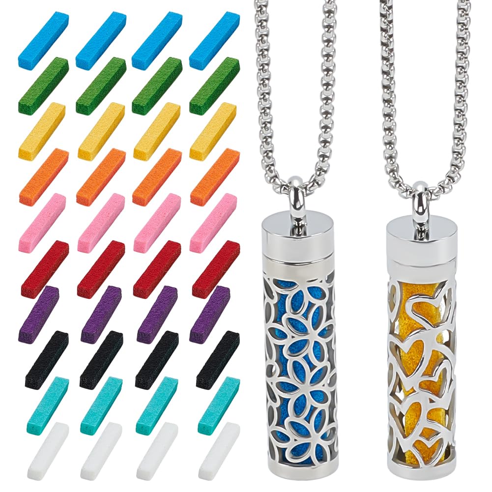 WEBEEDY 2 Pcs Essential Oil Diffuser Necklaces with 40 Felt Pads,Hollow Stainless Steel Diffuser Pendant Aroma Necklace for Women Men Mother's Day Wedding Birthday Aromatherapy Jewelry Gift