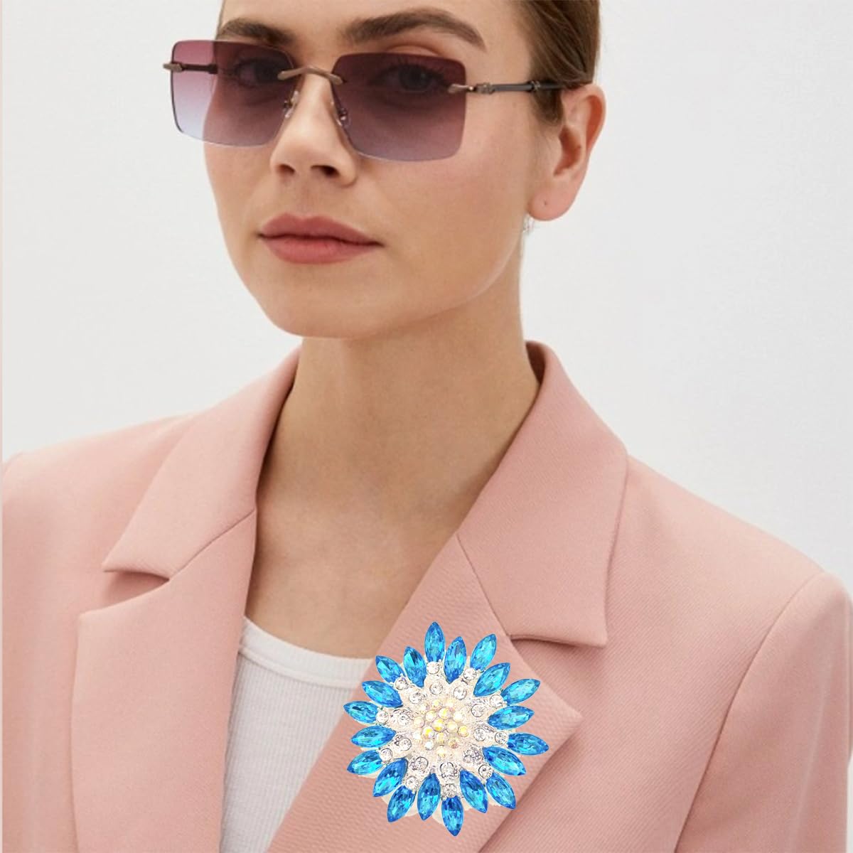 Rhinestone Sunflower Brooch Pin for Women Red Black Purple Large Flower Broochs Snowflake Brooch Marquise Wreath Brooches Jewelry (Blue1)