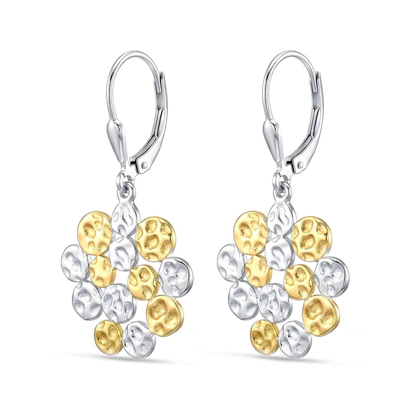 LeCalla 925 Sterling Silver Hammered Earrings for Women | Two-Tone Hammered Disc Cluster Drop Earrings | Gold & Silver Finish Leverback Earring | Textured Jewelry for Everyday & Party Wear 37MM