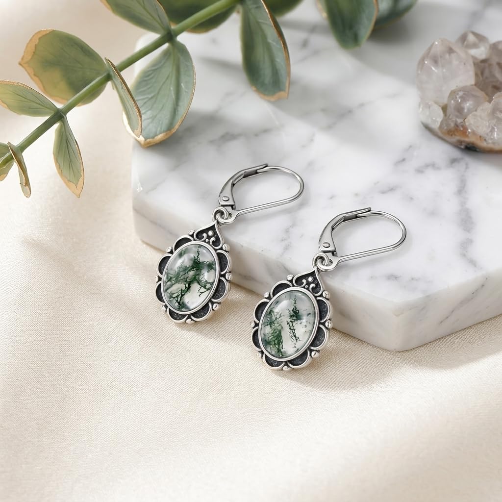 Moss Agate Drop Earrings for Women 925 Sterling Silver Vintage Oval 9x7mm Filigree Leverback Dangle Earrings, Gothic Victorian Antique Jewelry Gifts