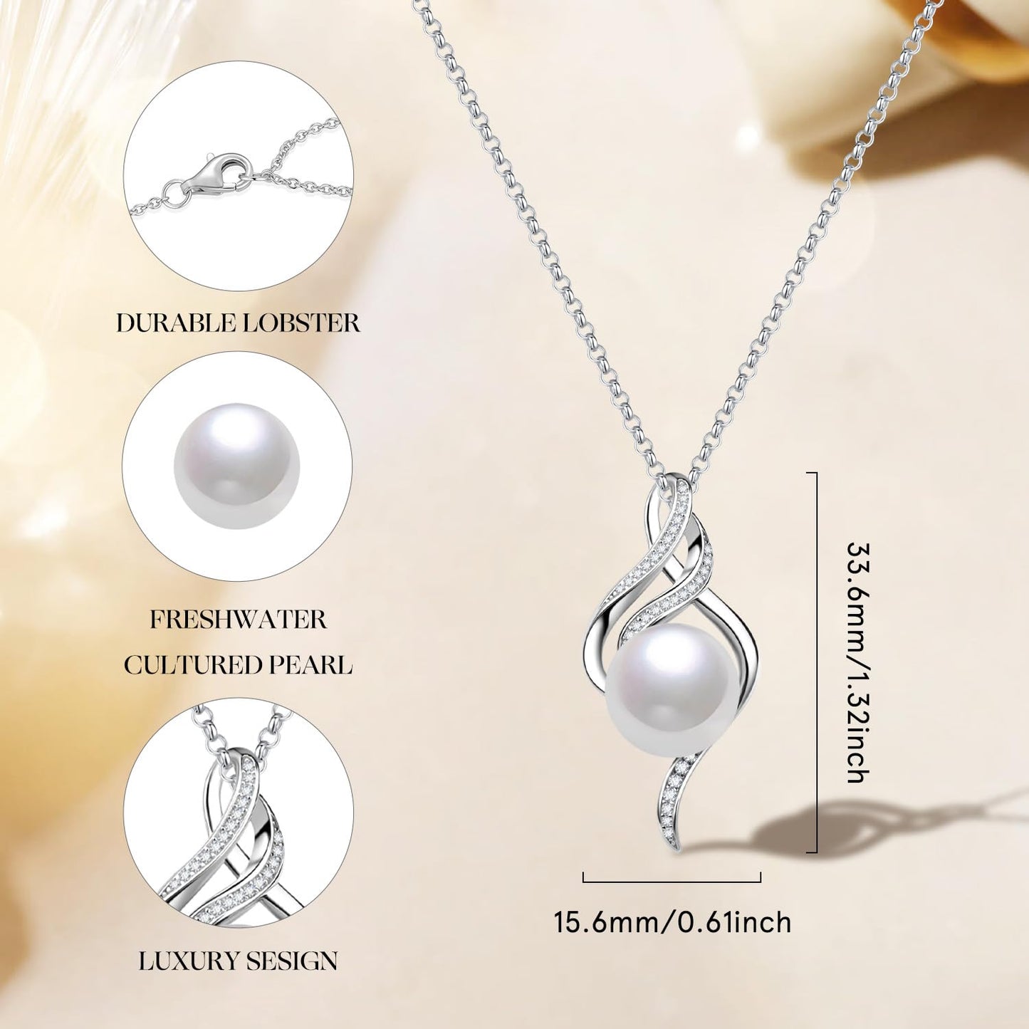 FANCIME Gift for Women Wife Freshwater Cultured Pearl Necklace Sterling Silver Ondine’s Heart 10-12MM Freshwater Cultured Pearl Luxury Jewelry Gift for Women, Mother, Wife, 16"+2" Adjustable