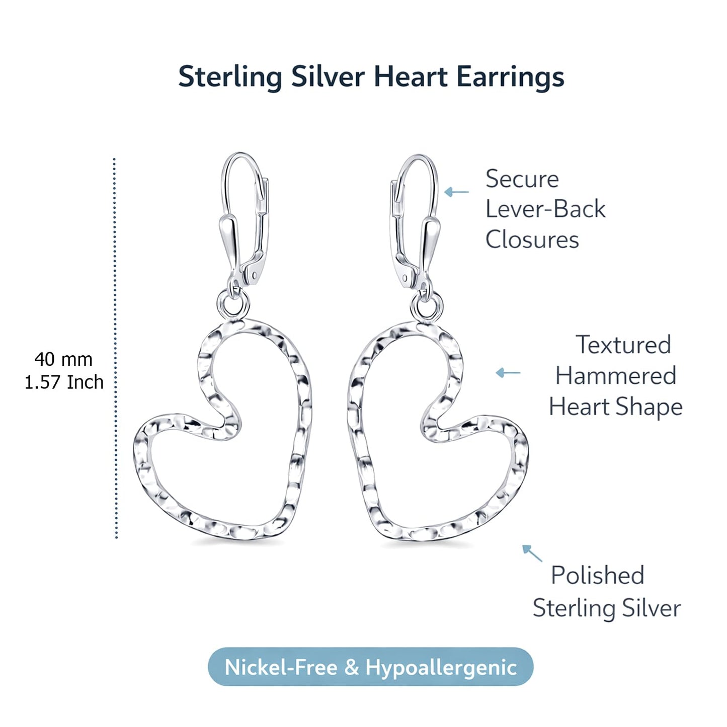 LeCalla 925 Sterling Silver Heart Dangle Earrings for Women | Hammered Silver Open Heart Earring | Romantic Hammered Textured Leverback Dangle Drop Earrings Jewelry 40MM