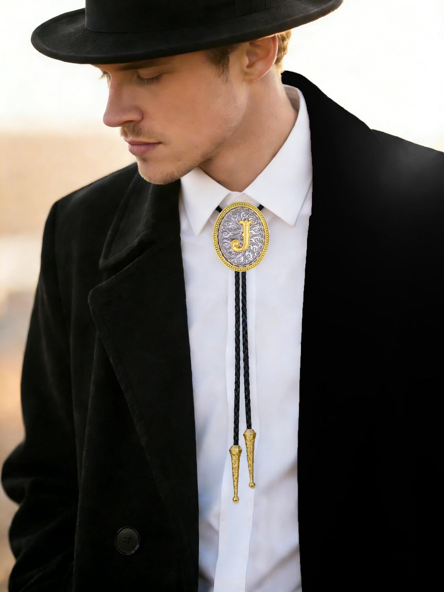 GelConnie Gold Bolo Tie Cowboy Necklace for Men Leather Rodeo Necktie Initial Letter ABCDMJR to Z Western Bolo Tie Texas Style Jewelry