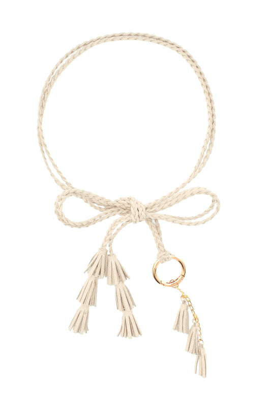 TeeYee Women Waist Belt/Rope/Chain PU Leather Braided Boho 3 layer tassels Fringe Tie Belts Multi Colors 286beige