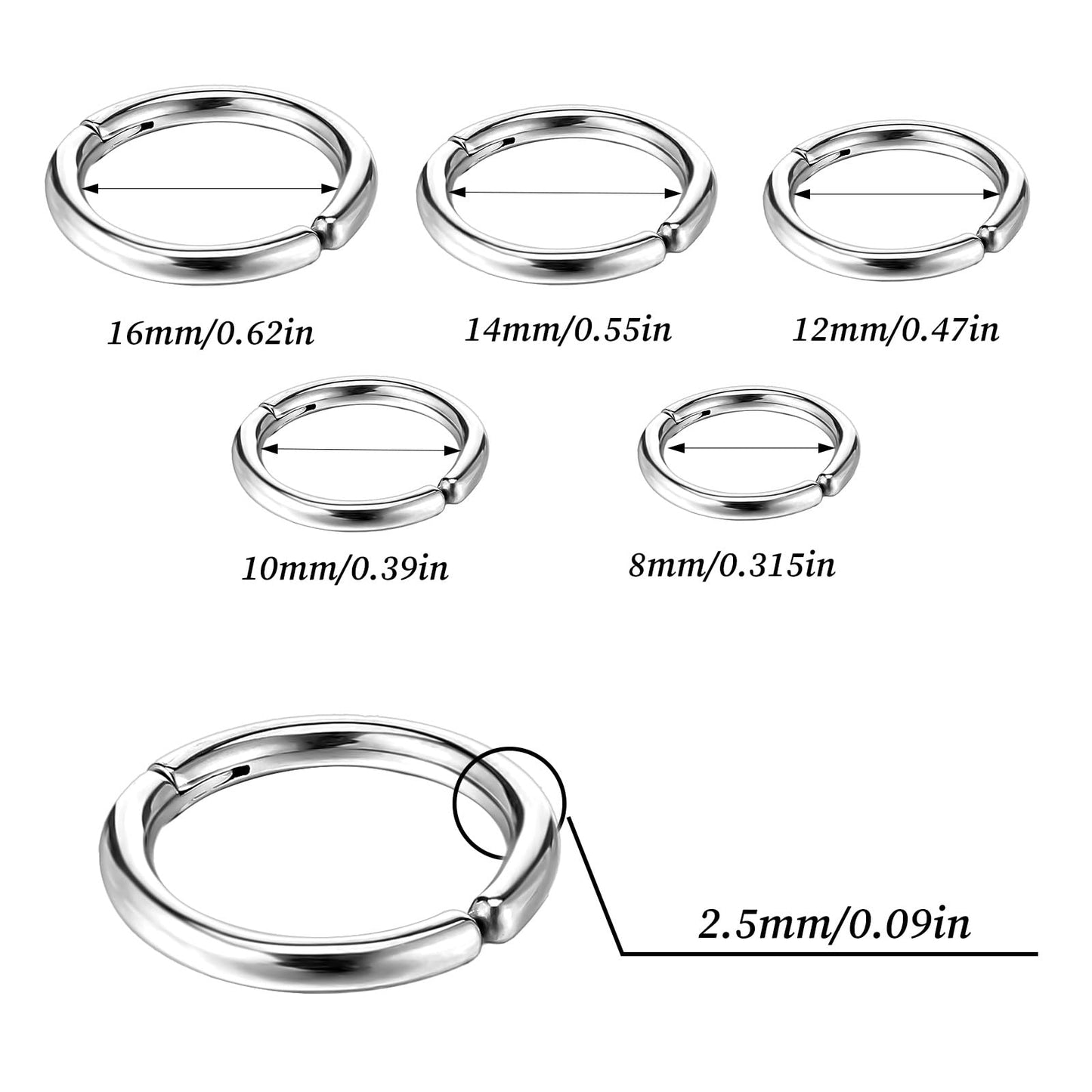 DOPENSPI 10PCS Clip On Earrings, Non Piercing Fake Earring Stainless Steel Clip On Hoop Earrings for Women Men 8mm 10mm 12mm 14mm 16mm(Silver)