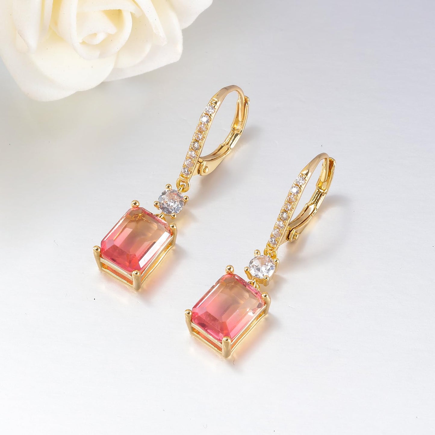 CiNily Leverback Earrings for Women Rectangular-cut Drop Dangle Earring Hypoallergenic, 14K Gold Plated Red Yellow Gradient Cubic Zircon Earrings Diamond Dangle Ear Rings Jewelry Birthday
